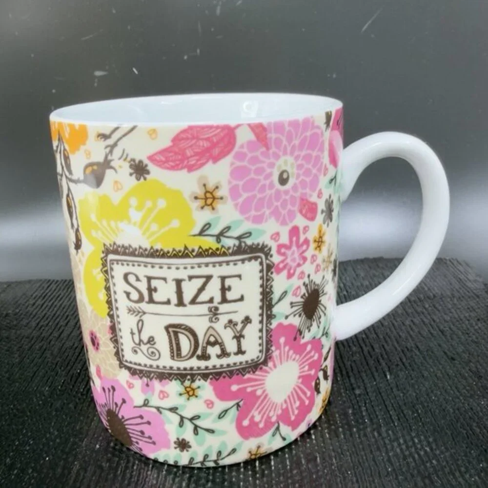 C R Gibson Seize The Day Ceramic Coffee Mug Cup Stoneware Floral Pattern Mug Cup